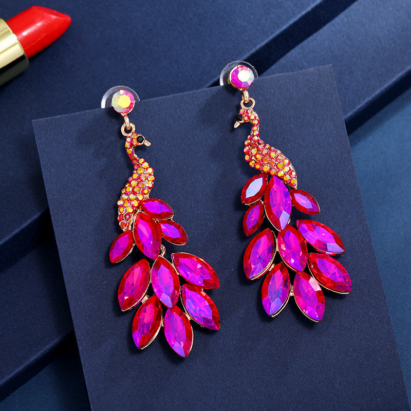 Peacock Drop Earrings Rhinestone Chandelier 2.9 inch Pink | eBay