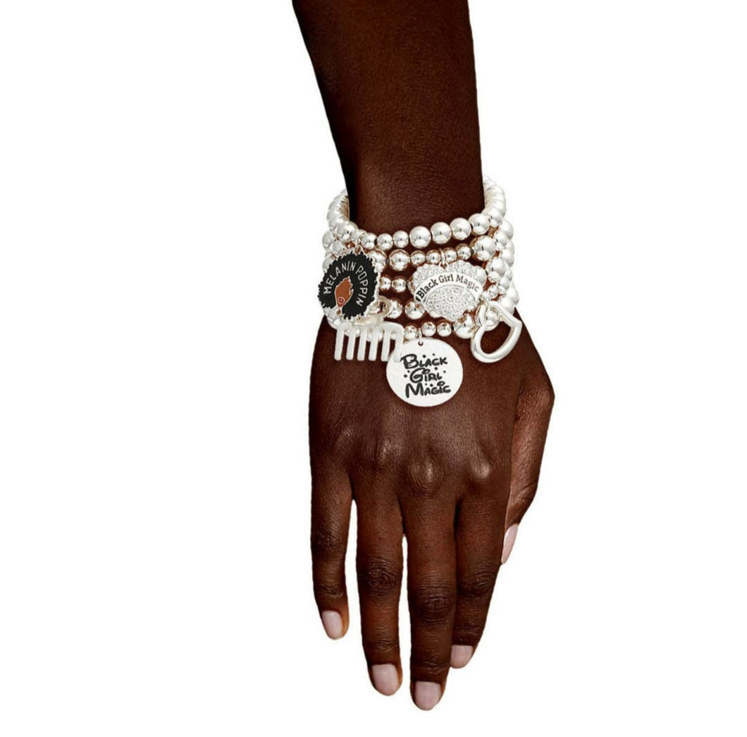 Black Girl Magic Charm Bracelet Stack-Metallic
